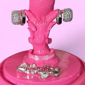 Vintage set of Silver hoop earrings with black and grey rhinestones